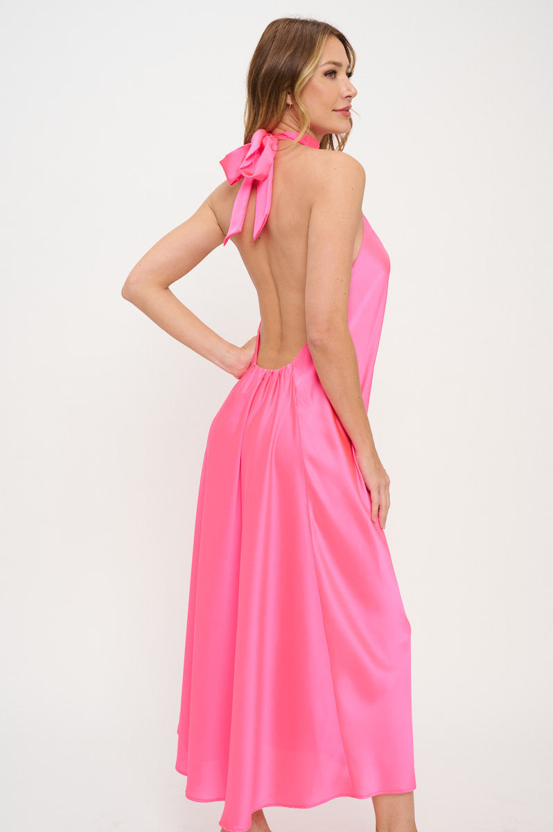 Solid Satin Halter neck Backless Midi Dress-Dresses-Reneecollection-Small-NEON BLUE-Urbanheer