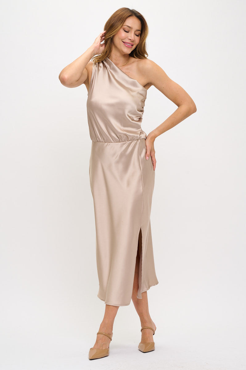 Solid Satin One Shoulder Midi Dress with Slit-Dresses-Reneecollection-Small-BEIGE-Urbanheer