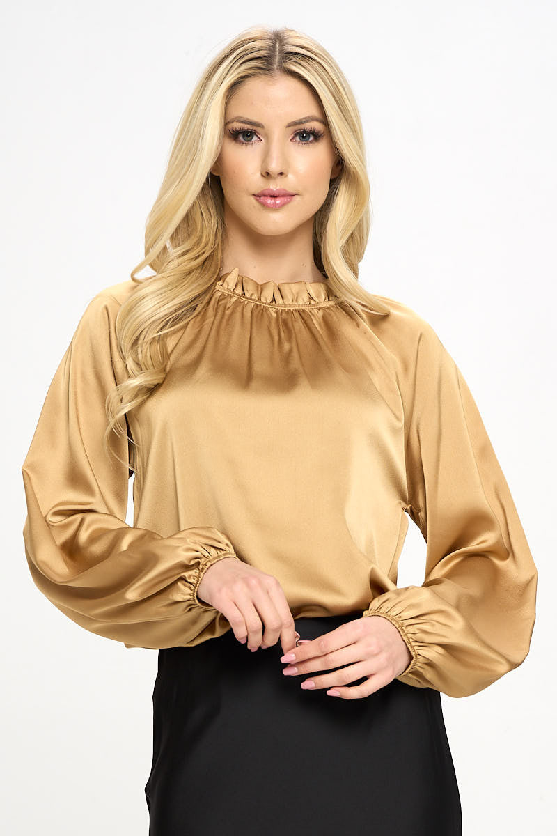 Solid Satin Ruffle Mock Neck Top-Tops-Reneecollection-Urbanheer