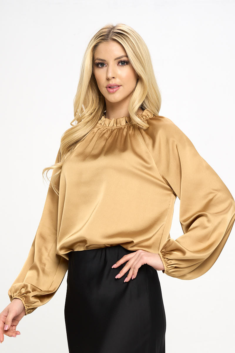 Solid Satin Ruffle Mock Neck Top-Tops-Reneecollection-Urbanheer