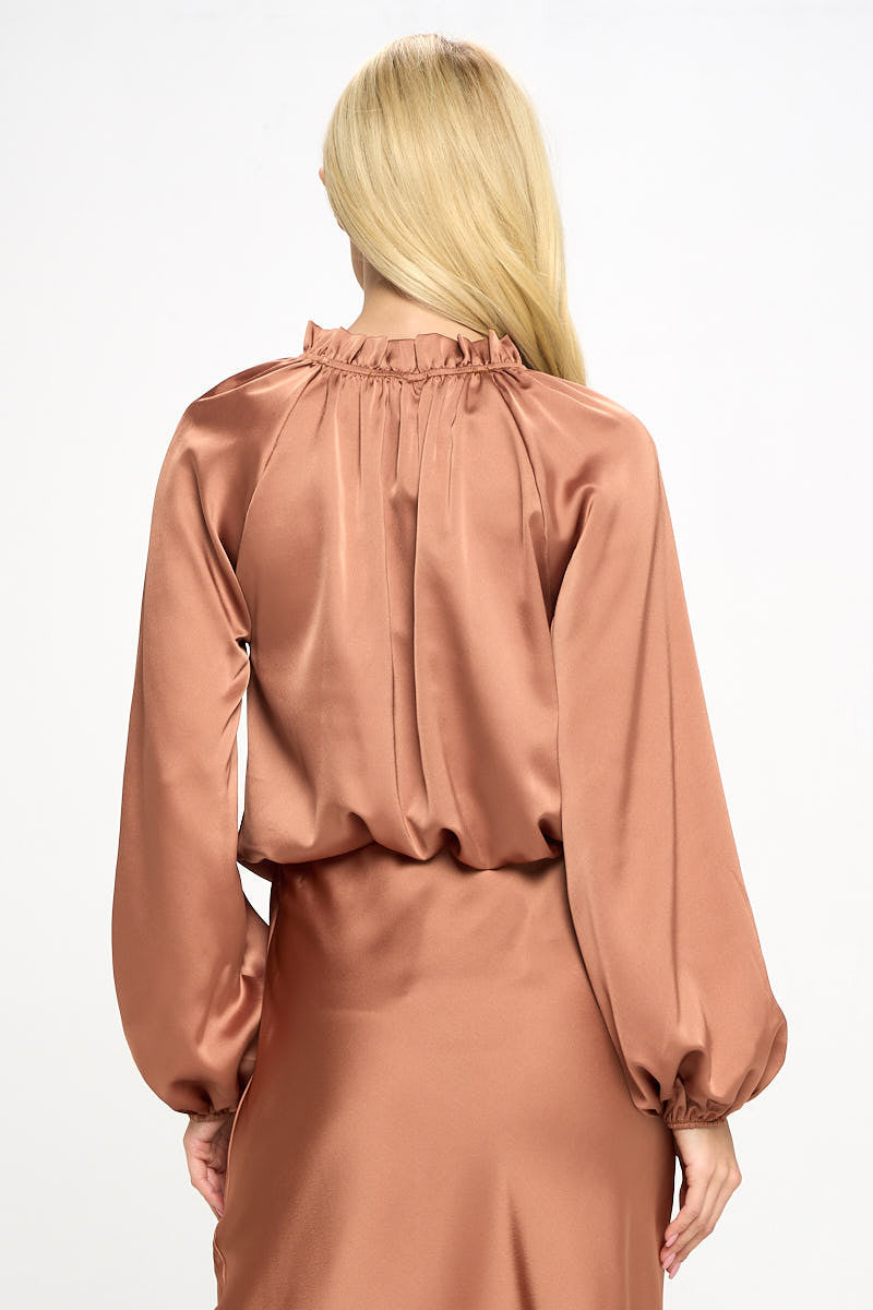 Solid Satin Ruffle Mock Neck Top-Tops-Reneecollection-Urbanheer