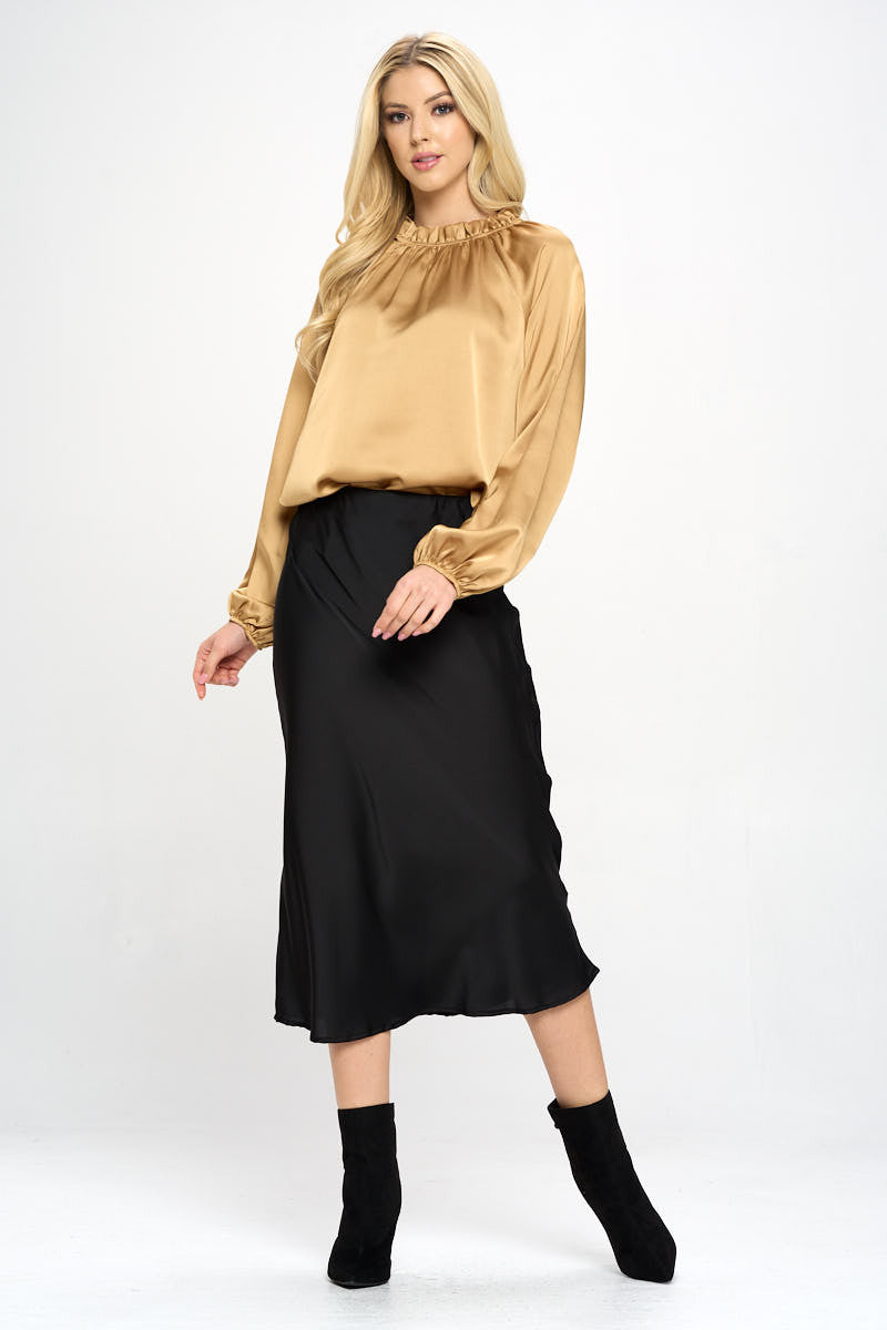 Solid Satin Ruffle Mock Neck Top-Tops-Reneecollection-Urbanheer