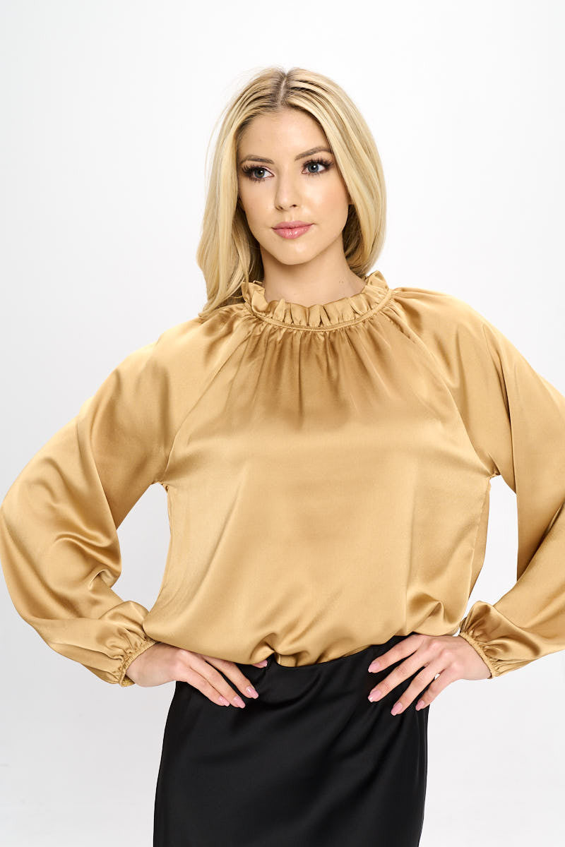 Solid Satin Ruffle Mock Neck Top-Tops-Reneecollection-Urbanheer