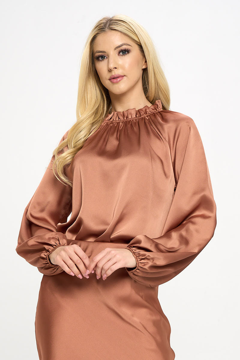 Solid Satin Ruffle Mock Neck Top-Tops-Reneecollection-Urbanheer