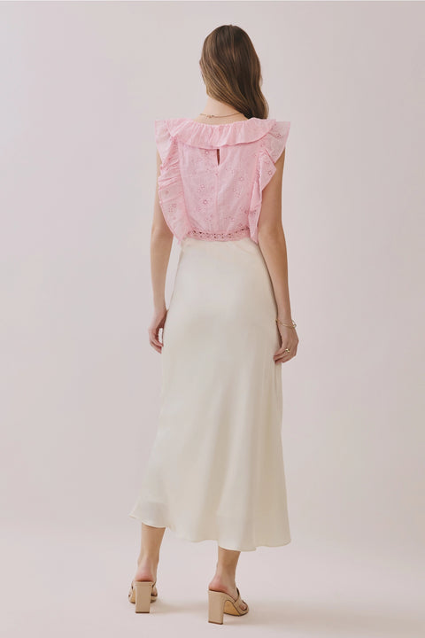 Solid Satin Side Zipper Closure A Line Maxi Skirt - Cream