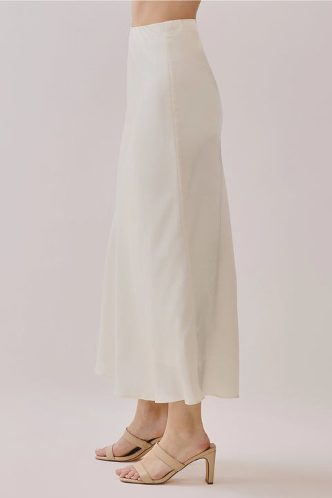 Solid Satin Side Zipper Closure A Line Maxi Skirt - Cream