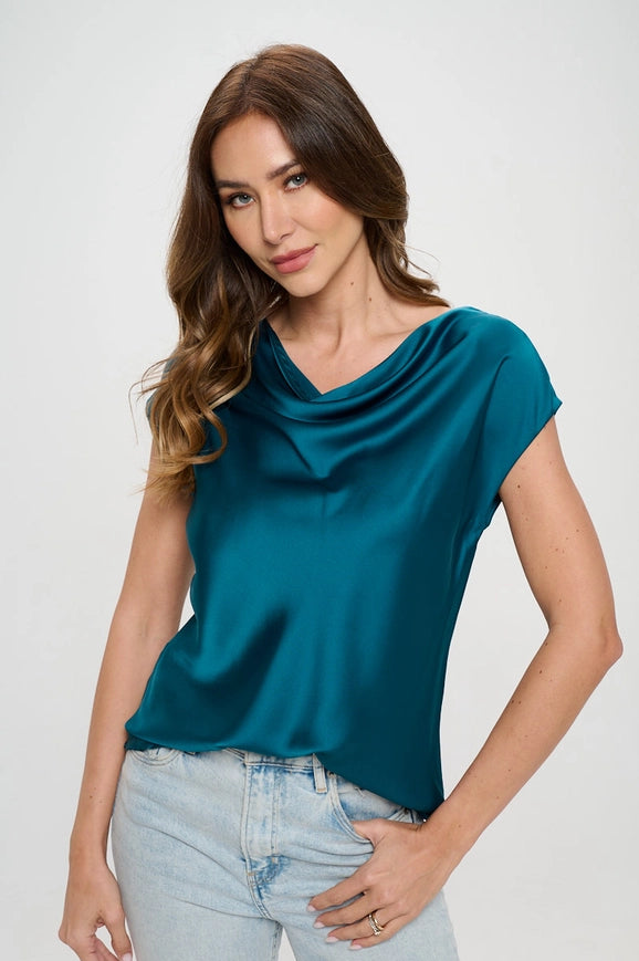 Solid Satin Top with Cowl Neck-TOP-Renee C.-L-HUNTER GREEN-Urbanheer