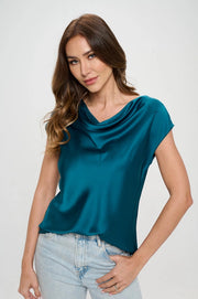 Solid Satin Top With Cowl Neck-TOP-Renee C.-L-HUNTER GREEN-Urbanheer