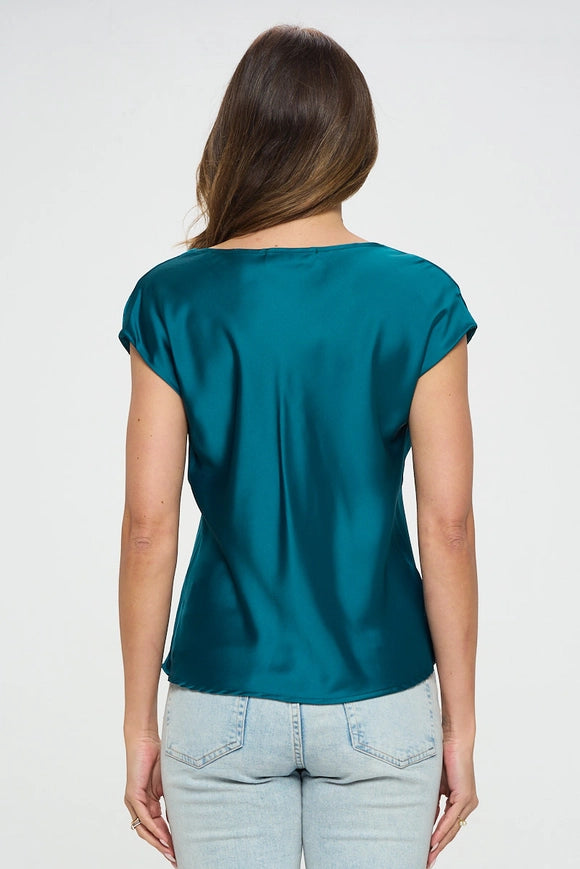 Solid Satin Top With Cowl Neck-TOP-Renee C.-L-HUNTER GREEN-Urbanheer