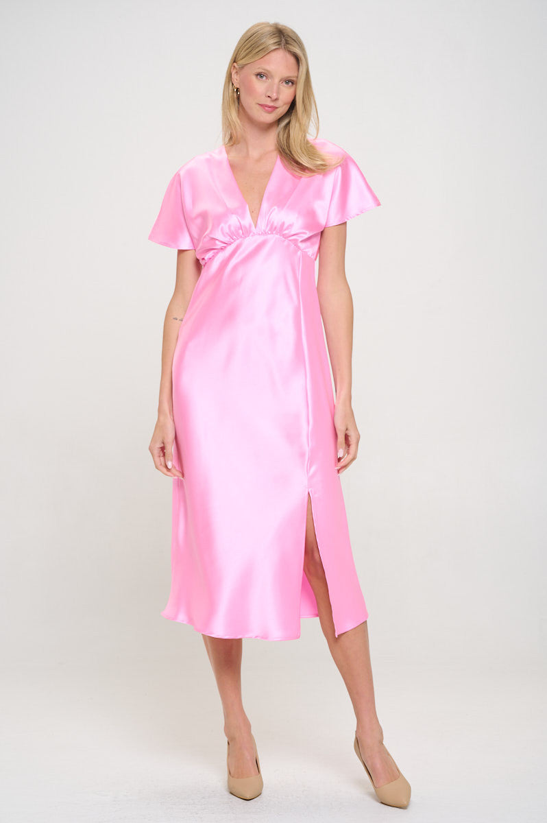 Solid Satin V neck Midi Dress with Slit-Dresses-Reneecollection-Small-BARBIE PINK-Urbanheer