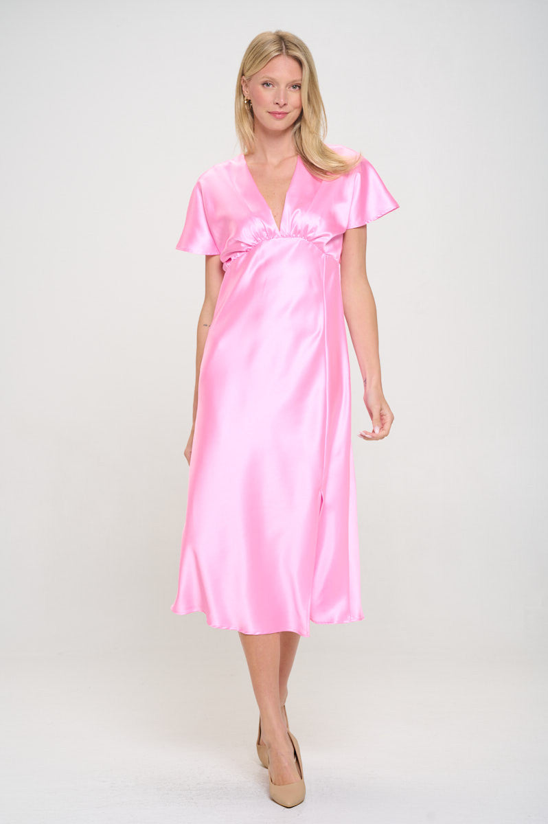 Solid Satin V neck Midi Dress with Slit-Dresses-Reneecollection-Small-BARBIE PINK-Urbanheer
