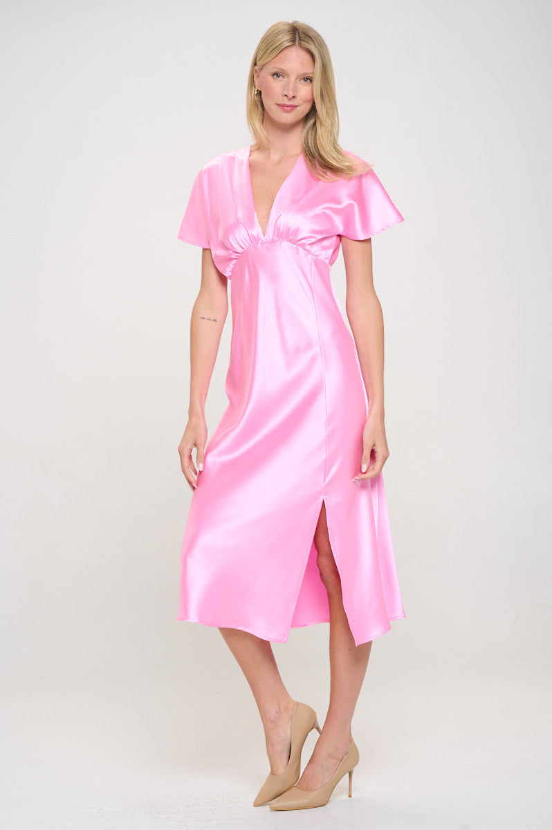 Solid Satin V neck Midi Dress with Slit-Dresses-Reneecollection-Small-BARBIE PINK-Urbanheer