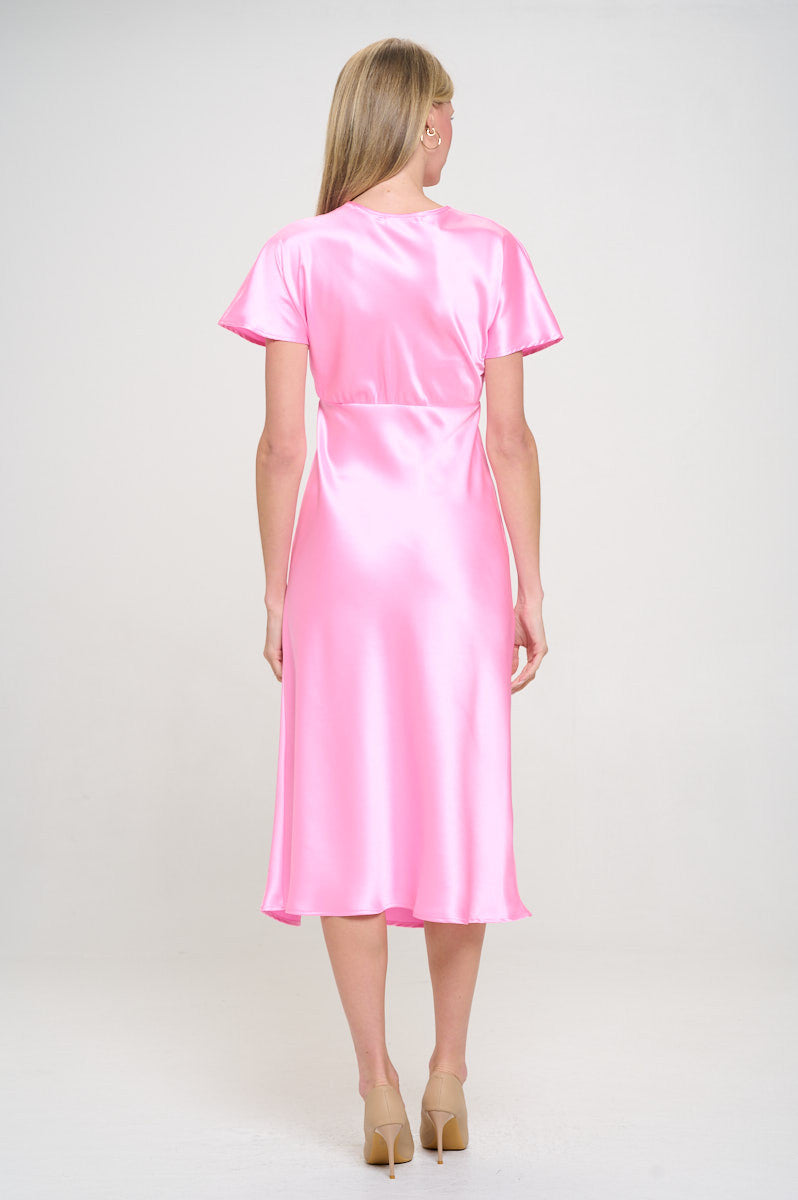Solid Satin V neck Midi Dress with Slit-Dresses-Reneecollection-Small-BARBIE PINK-Urbanheer