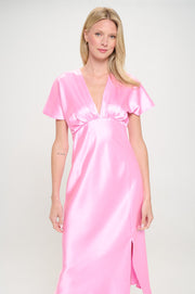 Solid Satin V neck Midi Dress with Slit-Dresses-Reneecollection-Small-BARBIE PINK-Urbanheer