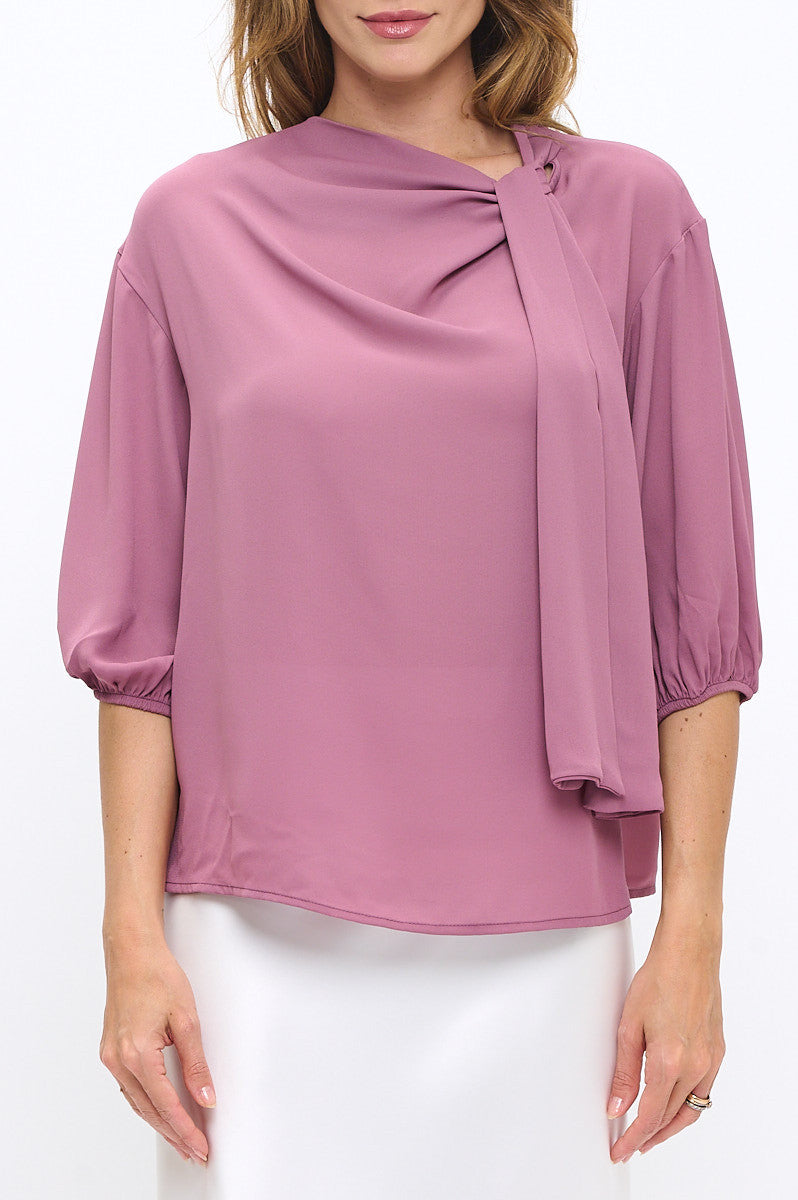 Solid Sheer 3/4 Sleeve with Scarf Detail-New Arrival-Reneecollection-Small-MAUVE-Urbanheer