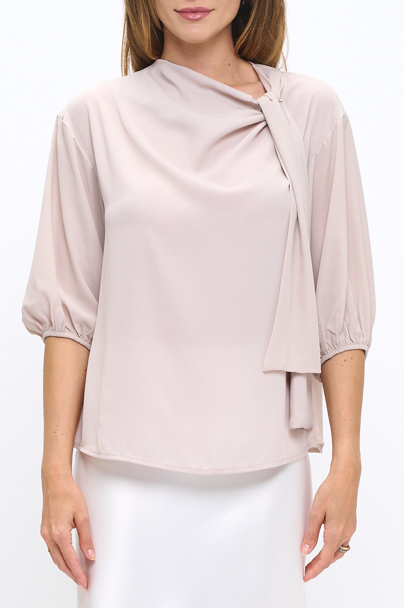 Solid Sheer 3/4 Sleeve with Scarf Detail-New Arrival-Reneecollection-Small-BEIGE-Urbanheer
