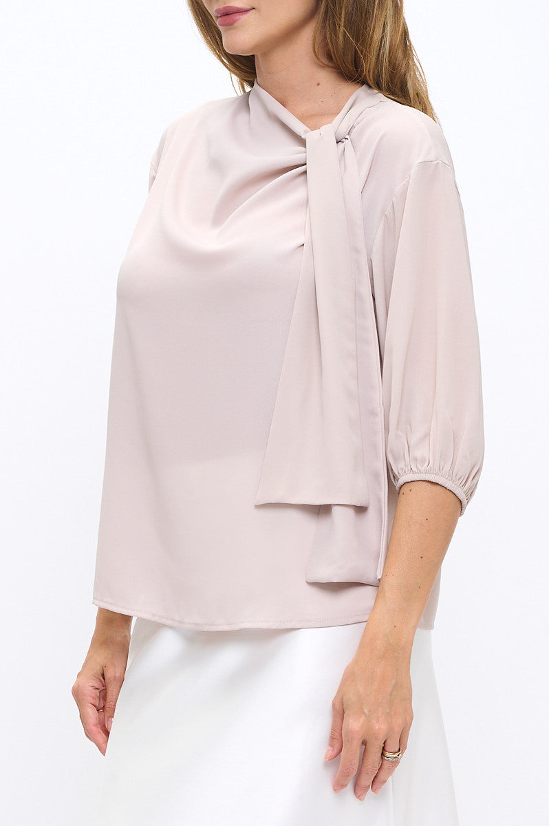 Solid Sheer 3/4 Sleeve with Scarf Detail-New Arrival-Reneecollection-Small-BEIGE-Urbanheer