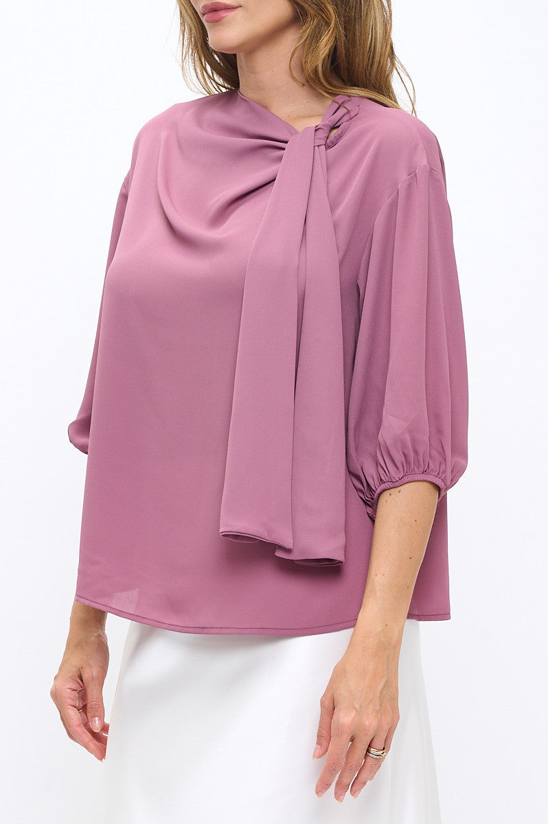 Solid Sheer 3/4 Sleeve with Scarf Detail-New Arrival-Reneecollection-Small-MAUVE-Urbanheer