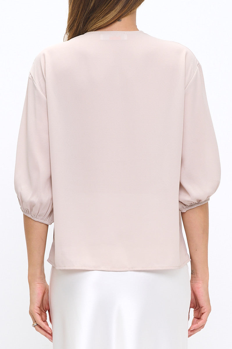 Solid Sheer 3/4 Sleeve with Scarf Detail-New Arrival-Reneecollection-Small-BEIGE-Urbanheer