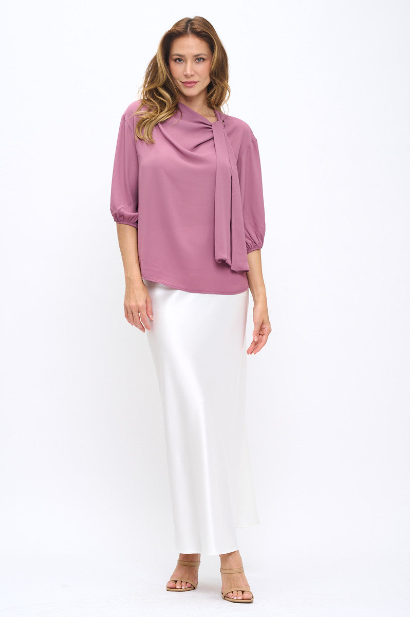 Solid Sheer 3/4 Sleeve with Scarf Detail-New Arrival-Reneecollection-Small-MAUVE-Urbanheer