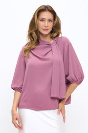 Solid Sheer 3/4 Sleeve with Scarf Detail-New Arrival-Reneecollection-Small-MAUVE-Urbanheer