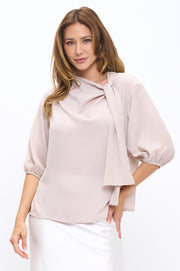 Solid Sheer 3/4 Sleeve with Scarf Detail-New Arrival-Reneecollection-Small-BEIGE-Urbanheer