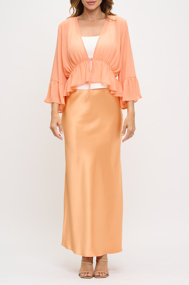 Solid Sheer Deep V neck Tie Top with Bell Sleeve-Tops-Reneecollection-Small-MELON-Urbanheer