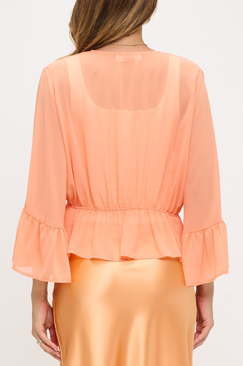 Solid Sheer Deep V neck Tie Top with Bell Sleeve-Tops-Reneecollection-Small-MELON-Urbanheer