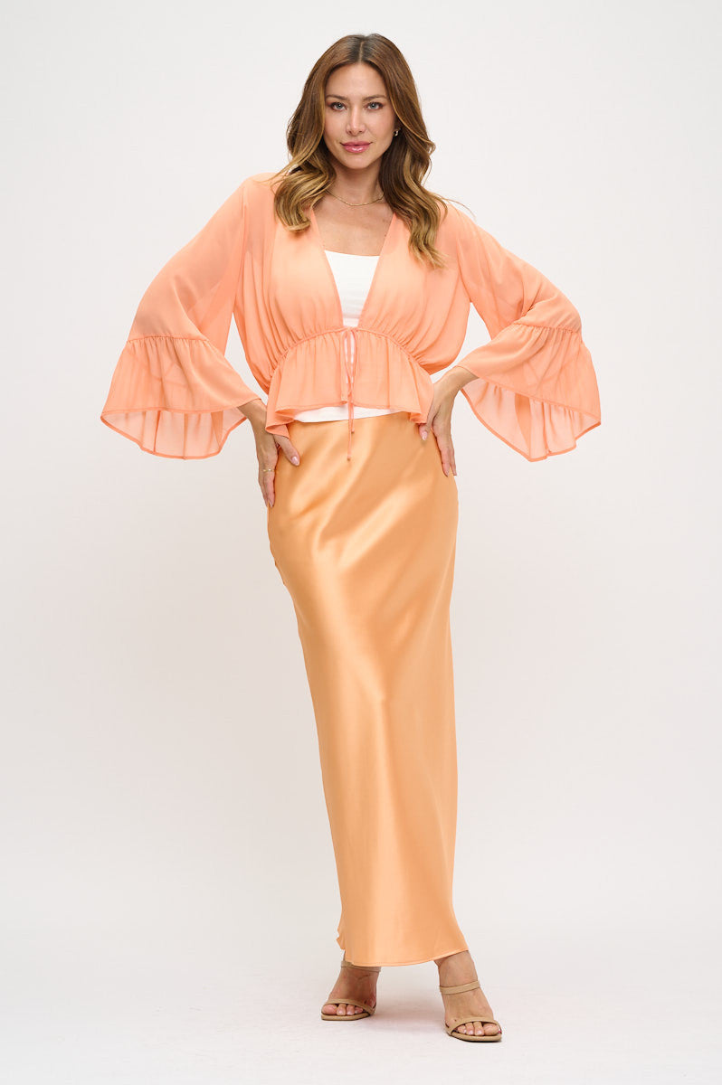 Solid Sheer Deep V neck Tie Top with Bell Sleeve-Tops-Reneecollection-Small-MELON-Urbanheer