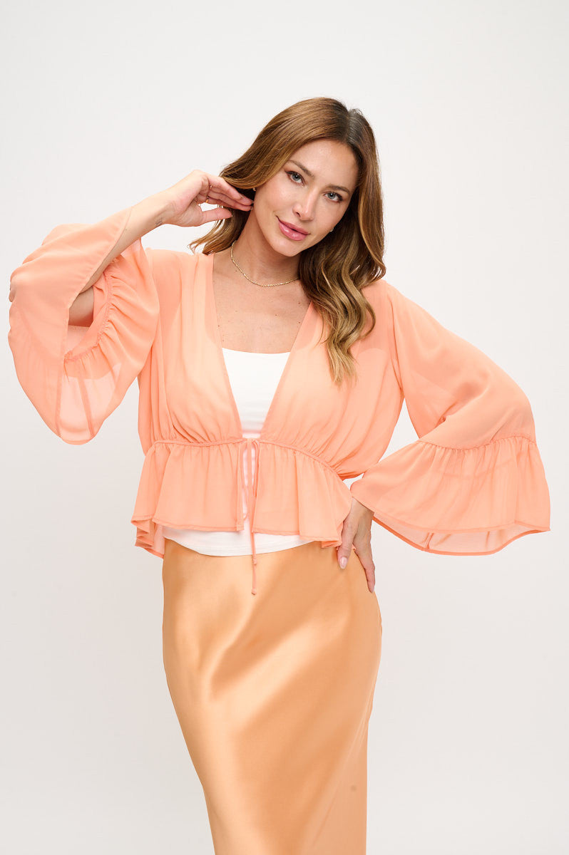 Solid Sheer Deep V neck Tie Top with Bell Sleeve-Tops-Reneecollection-Small-MELON-Urbanheer