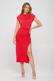 Solid Short Sleeve Ruched Dress with Slit-Dress-Renee C.-S-Red-Urbanheer
