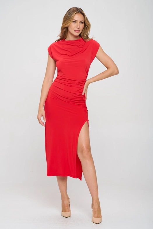 Solid Short Sleeve Ruched Dress with Slit-Dress-Renee C.-S-Red-Urbanheer