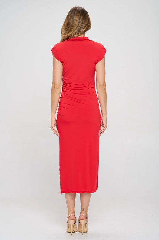 Solid Short Sleeve Ruched Dress with Slit-Dress-Renee C.-S-Red-Urbanheer