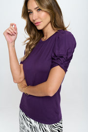 Solid Short Sleeve Top with Scrunched Sleeves-Tops-Reneecollection-Urbanheer