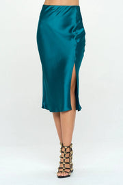 Solid Stretch Satin Midi Skirt HUNTER GREEN-Skirt-Renee C.-S-HUNTER GREEN-Urbanheer
