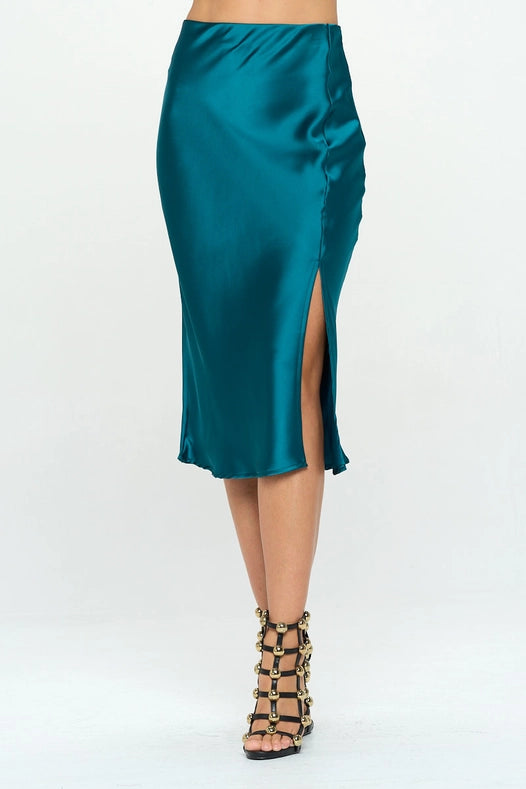 Solid Stretch Satin Midi Skirt HUNTER GREEN-Skirt-Renee C.-S-HUNTER GREEN-Urbanheer
