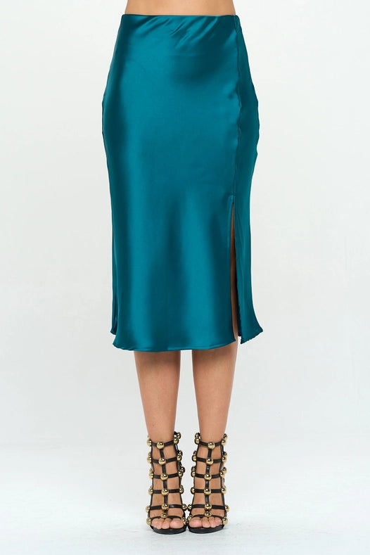 Solid Stretch Satin Midi Skirt HUNTER GREEN-Skirt-Renee C.-S-HUNTER GREEN-Urbanheer