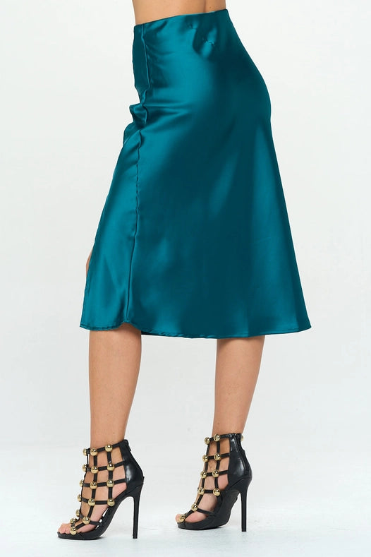 Solid Stretch Satin Midi Skirt HUNTER GREEN-Skirt-Renee C.-S-HUNTER GREEN-Urbanheer