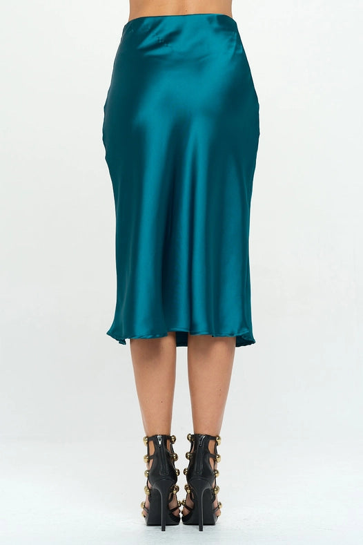 Solid Stretch Satin Midi Skirt HUNTER GREEN-Skirt-Renee C.-S-HUNTER GREEN-Urbanheer