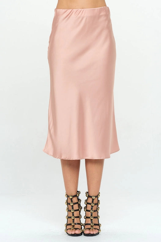Solid Stretch Satin Midi Skirt Rose-Skirt-Renee C.-S-ROSE-Urbanheer