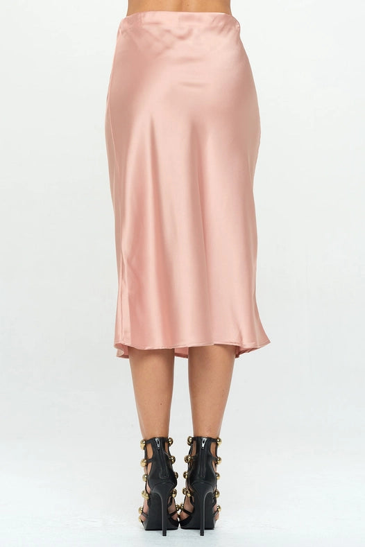 Solid Stretch Satin Midi Skirt Rose-Skirt-Renee C.-S-ROSE-Urbanheer