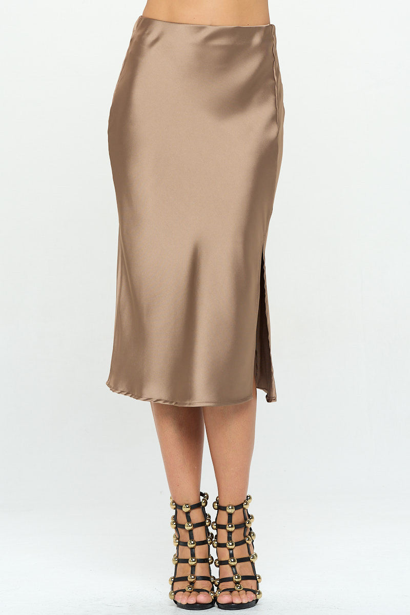 Solid Stretch Satin Midi Skirt with Slit-Skirts-Reneecollection-Urbanheer