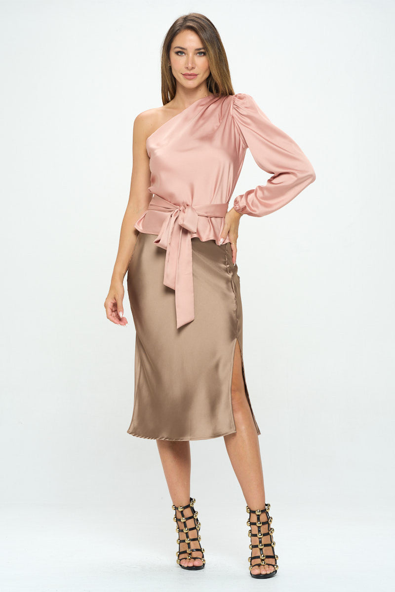 Solid Stretch Satin Midi Skirt with Slit-Skirts-Reneecollection-Urbanheer
