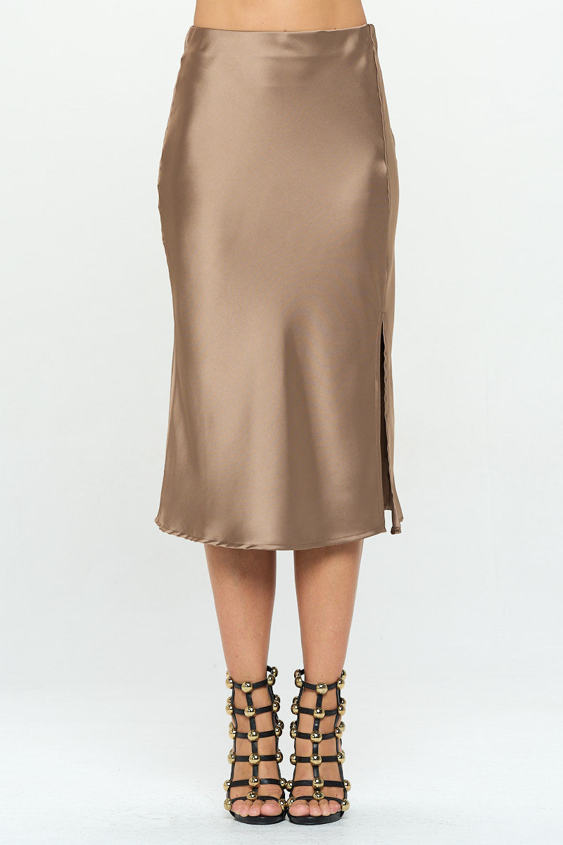 Solid Stretch Satin Midi Skirt with Slit-Skirts-Reneecollection-Urbanheer