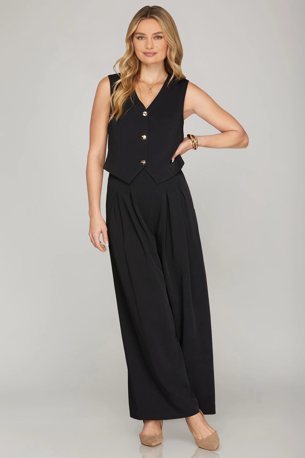 Solid Woven Wide Leg Pants in Black