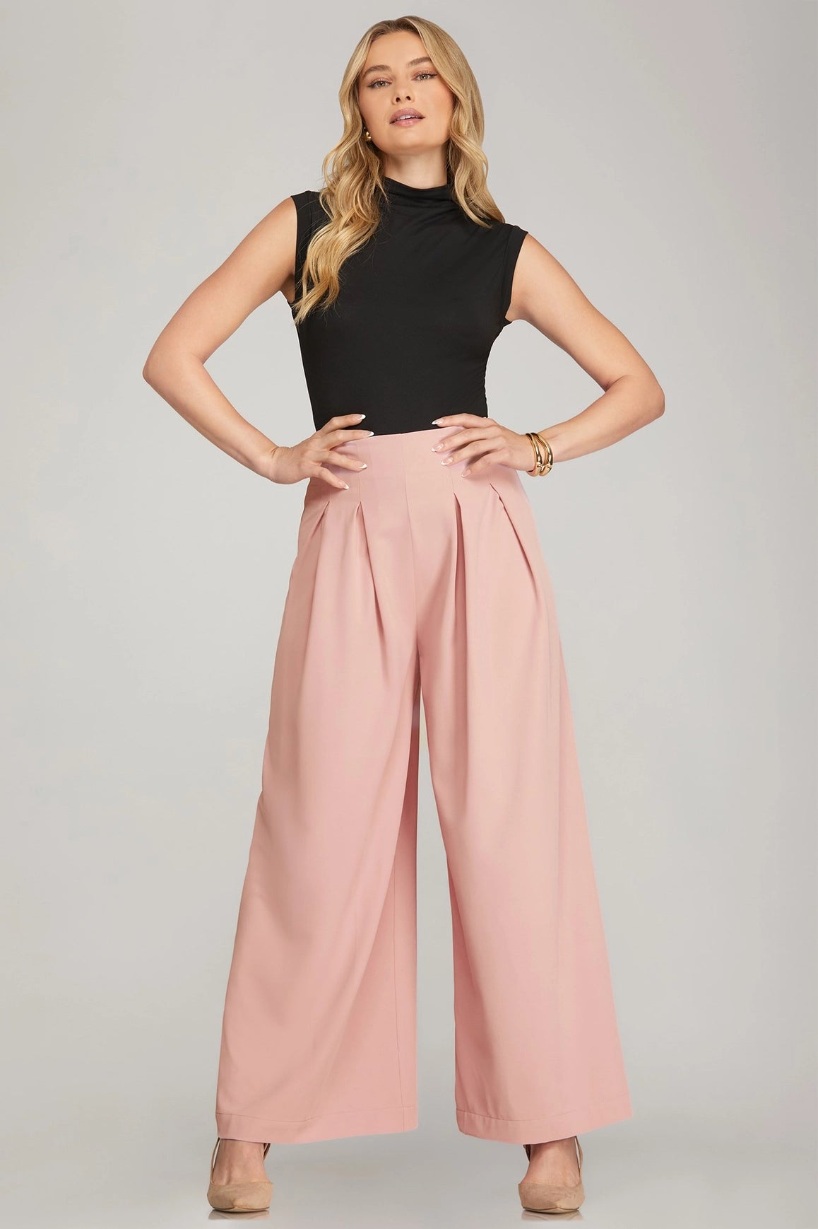 Solid Woven Wide Leg Pants in Dusty Pink