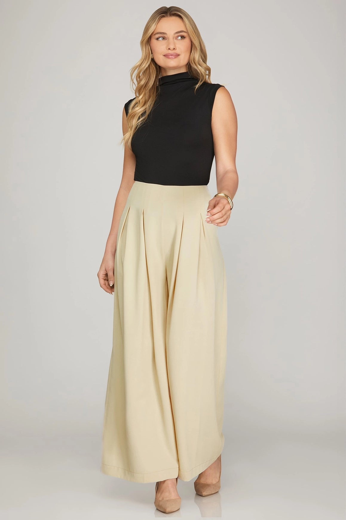Solid Woven Wide Leg Pants in Ecru