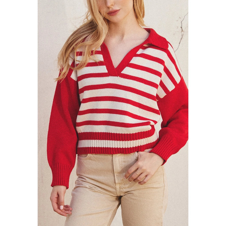 Solid and Striped Collared Sweater MALIBU RED-Sweater-Dress Forum-S-Urbanheer