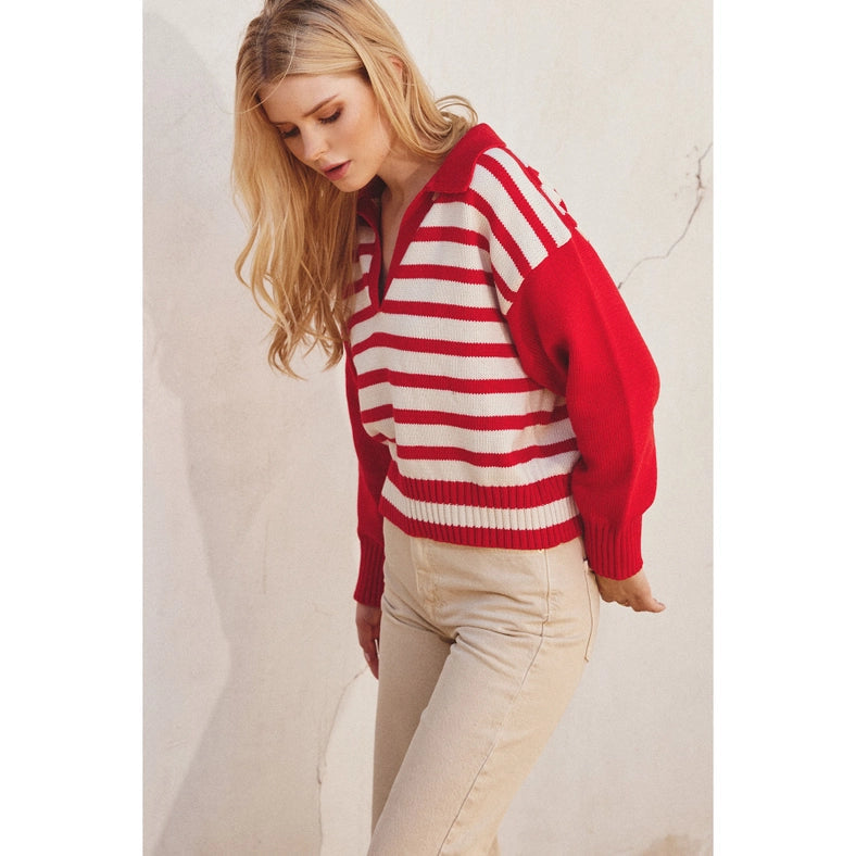 Solid and Striped Collared Sweater MALIBU RED-Sweater-Dress Forum-S-Urbanheer