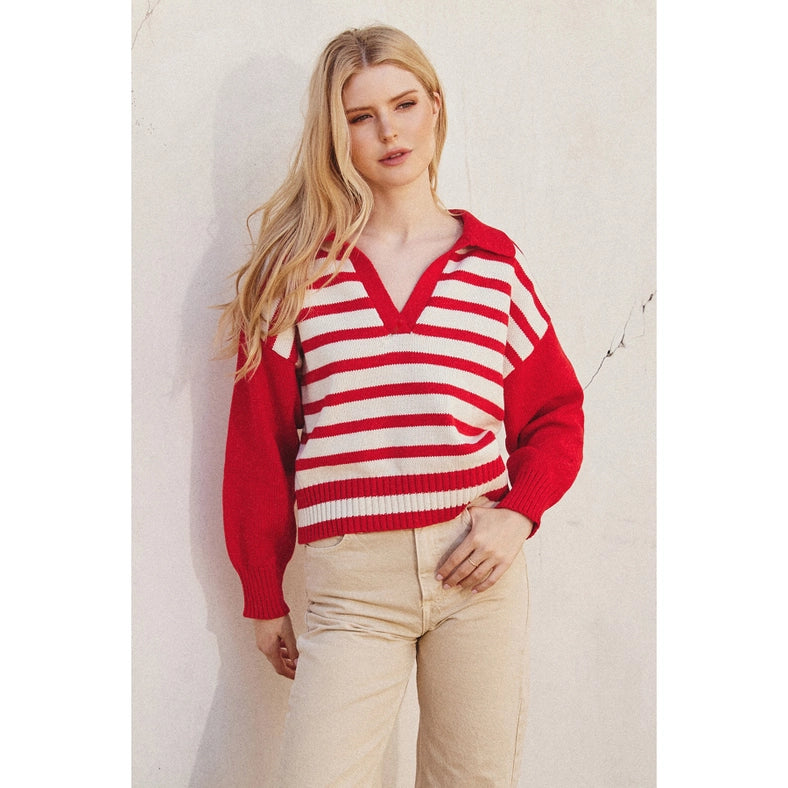 Solid and Striped Collared Sweater MALIBU RED-Sweater-Dress Forum-S-Urbanheer